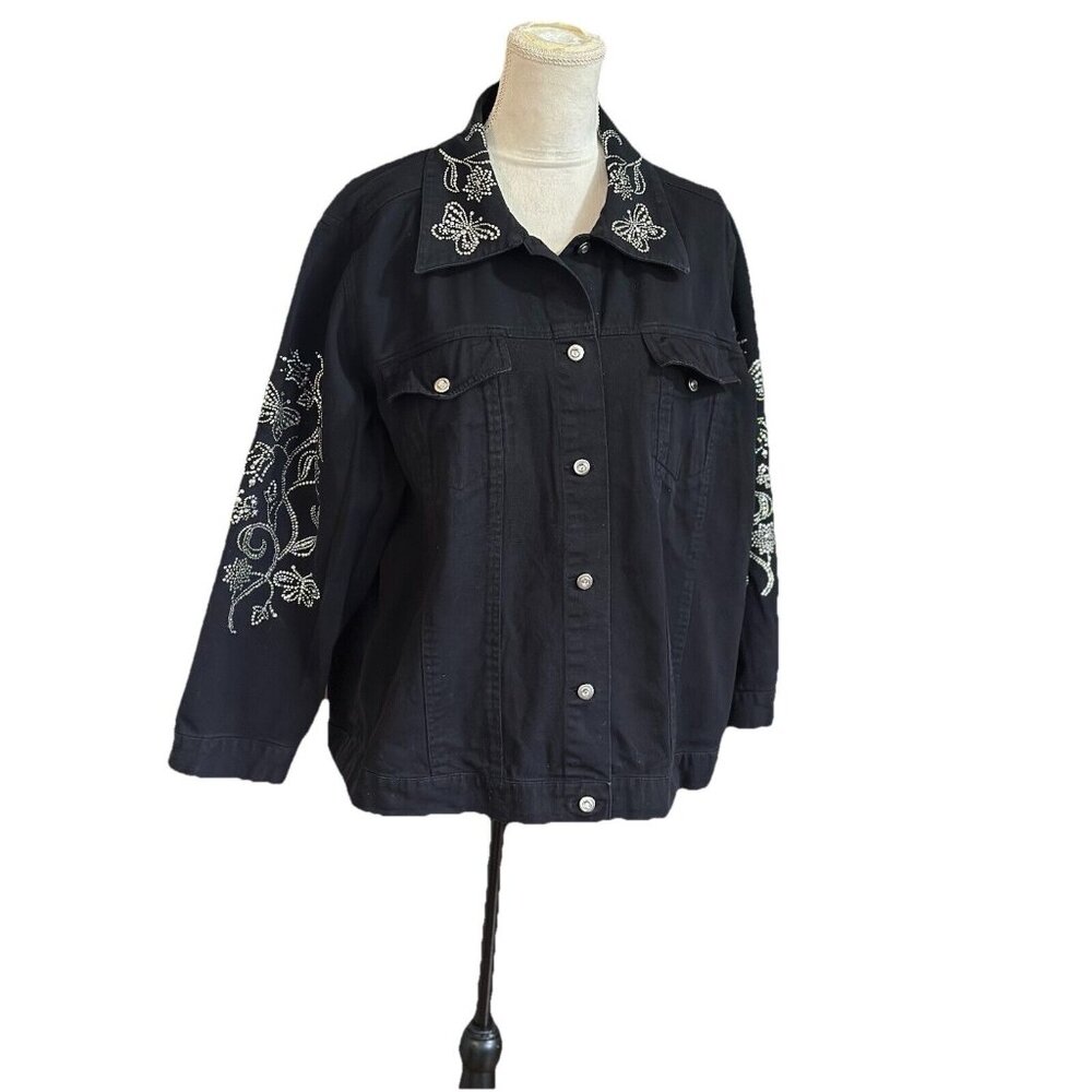 Quacker factory rhinestone butterfly bomber jean jacket black Sz 1X soft sparkly